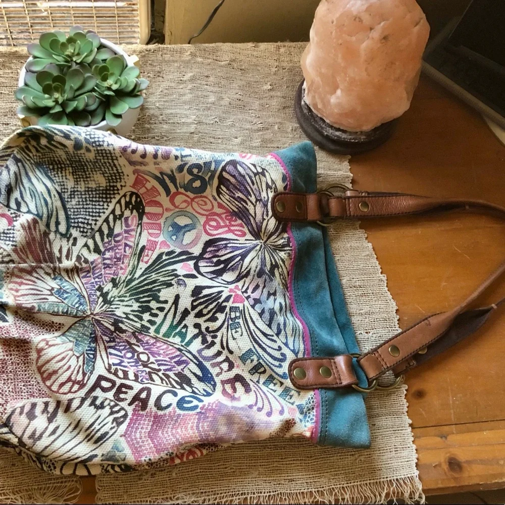 Vintage Lucky Brand Multicolor Butterfly-Print Canvas Tote with Leather Straps - Picture 11 of 15
